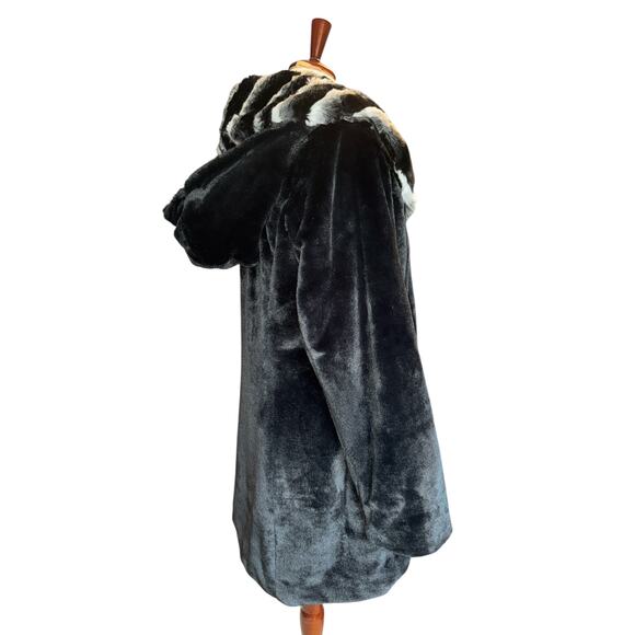 Dennis by Dennis Basso Black Faux Fur Coat | Removable Hood & Collar  | Size L - Picture 3 of 10